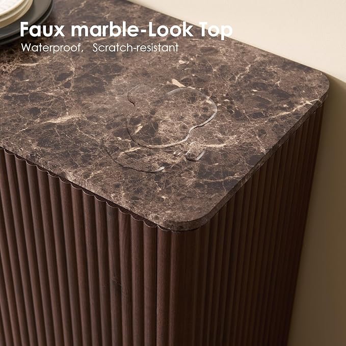 Fluted 2 Doors Sideboard Cabinet with Storage-Wooden Credenza w/Shelves, Faux Marble-Top Coffee Bar Console Table, Modern Buffet Cabinet for Dining, Kitchen, Living Room, Entryway, Dark Oak, 1pcs