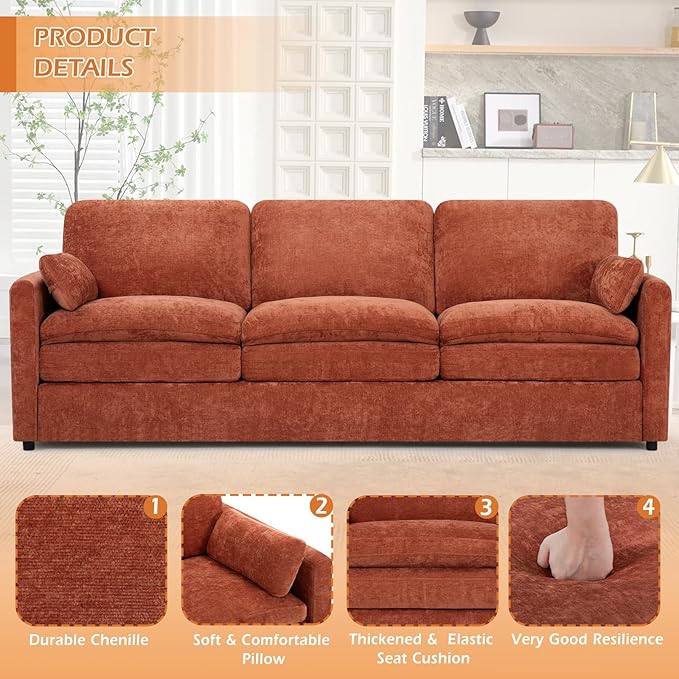 89” Chenille Sofa w/Arm Pillows, Upholstered 3-Seater Sofa w/Comfortable Back Cushions, Modern 3 Seats Couch w/High-Density Foam for Living Room, Apartment, Office, Orange
