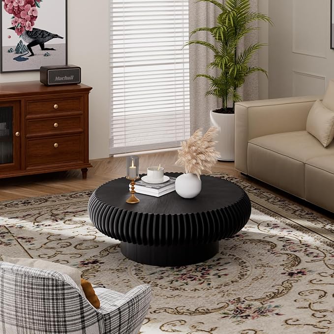 Round Fluted Coffee Table Modern Handcraft Drum Coffee Table with Sturdy Pedestal 31.5" Farmhouse Center Table Tea Table for Living Room, Reception Room, Entertainment Room (Black 31.5 inch)