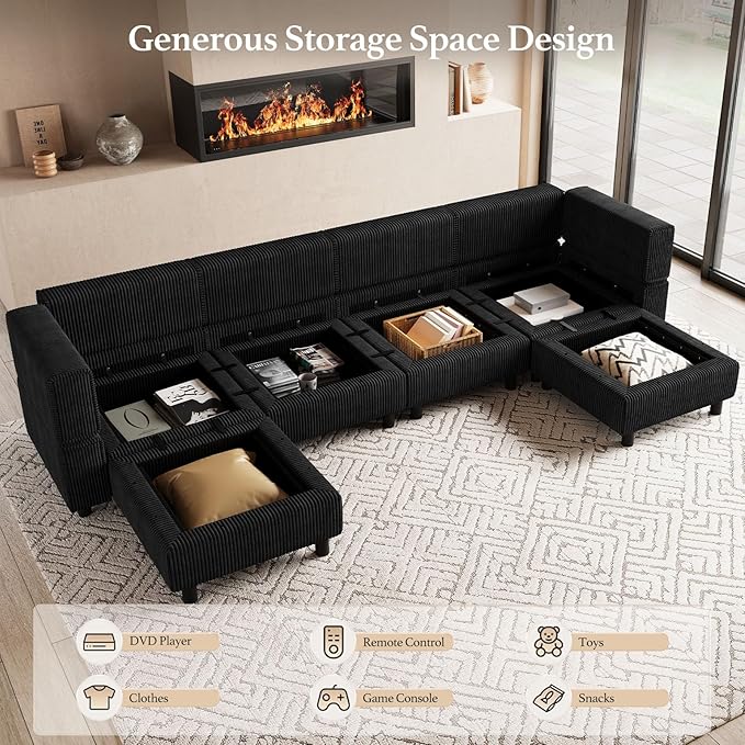 114.2" Modular Sectional Sofa with Deep Storage Seat,U Shaped Sectional Sofa Couch Convertible 6 Seater Corduroy Couch with Movable Ottoman,Upholstered Sectional Couches for Living Room,Black