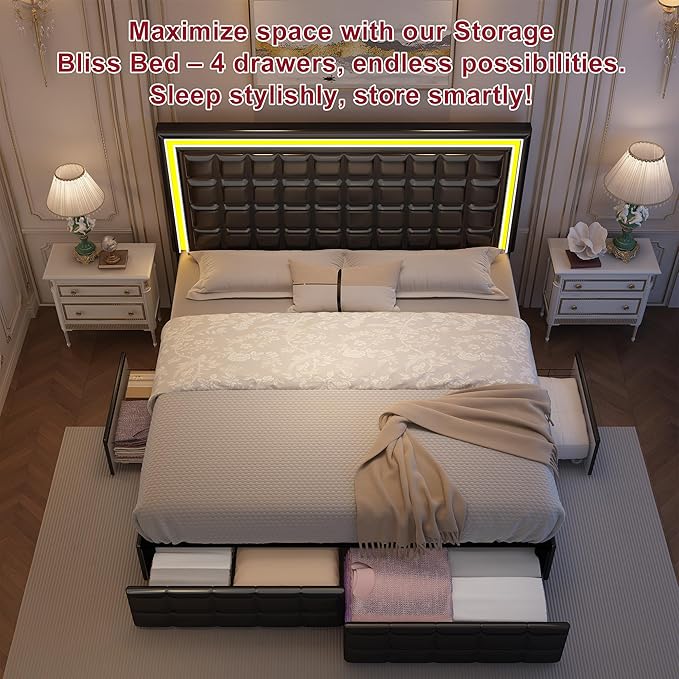 King LED Bed Frame with 4 Drawers, Bed Frame with Led Lights Adjustable Upholstered Headboard Platform Bed with Wooden Slats Support, No Box Spring Needed, PU Black