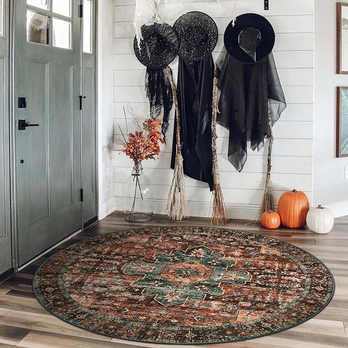 Moynesa Ultra-Thin Washable Round Rug - 4Ft Round Area Rugs for Bedroom Brown Bathroom Circle Mat, Non Slip Non Shedding Low Pile Indoor Floor Carpet for Living Room Coffee Table Kitchen, Brown