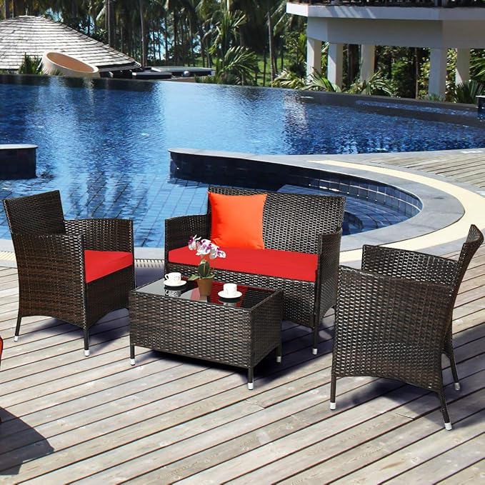Goplus 4-Piece Rattan Patio Set, Outdoor/Indoor Wicker Conversation Set for Pool, Backyard, Lawn, Wicker Chairs and Sofa with Soft Cushion, Rattan Furniture with Tempered Glass Coffee Table