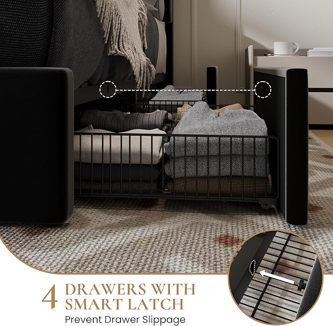 SHA CERLIN King Size Platform Bed Frame with 4 Storage Drawers, Velvet Upholstered Headboard, Mattress Foundation with Wooden Slats Support, No Box Spring Needed, Easy Assembly, Black