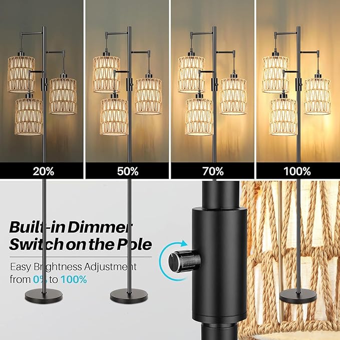 Boho Floor Lamp for Living Room Bedroom-3 Light Dimmable Floor Lamp with Three Led Bulb, Rustic Tall Lamp Black Standing Lamp Tree Floor Lamps for Living Room Bedroom,Office,Corner
