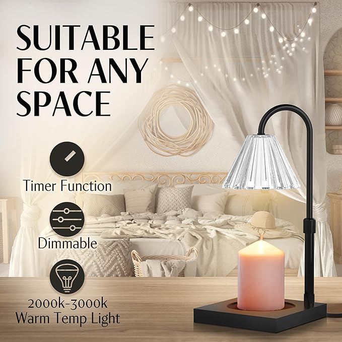 Candle Warmer Lamp with Timer and Dimmer & Includes 2 Bulbs, Electric Wax Candle Lamp Warmer for Jar Candles, Home Decor Aesthetic, and House Warming Gifts - Black Glass