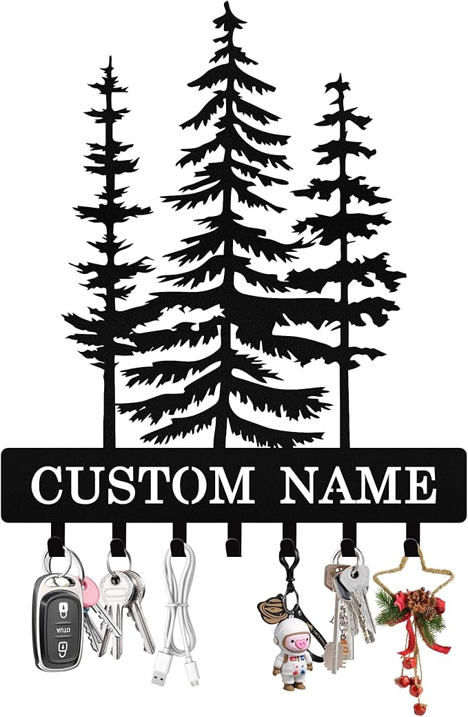 Personalized Key Holder Wall Mount, Custom Metal Pine Tree Keys Holder for Wall with Name, Wall Key Hanger Rack with Hooks for Entryway, Front Door, Living Room, Kitchen, Bathroom, Garden