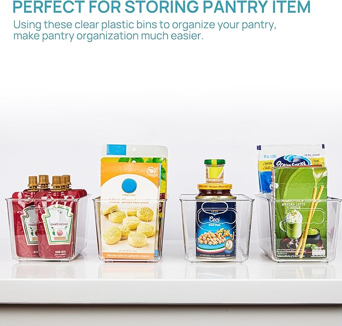 Vtopmart Clear Plastic Pantry Organizer Bins, 6 PCS Food Storage Bins with Handle for Refrigerator, Fridge, Cabinet, Kitchen, Countertops, Cupboard, Freezer Organization and Storage, BPA Free, Small