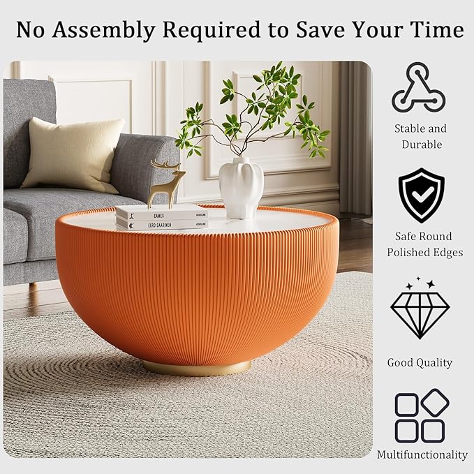 Orange Round Coffee Table with Sintered Stone Tabletop, 29.53" Drum Coffee Table with Fluted PU Leather Covered and Metal Base, Circle Cocktail Tea Table for Living Room