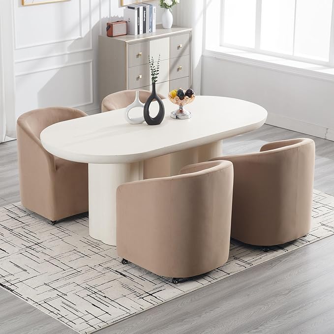 Khaki Barrel Dining Room Chair with Swivel Casters Velvet Upholstered Modern Dining Chair with Arms Back Accent Side Chair for Living Reading Room Kitchen Bedroom