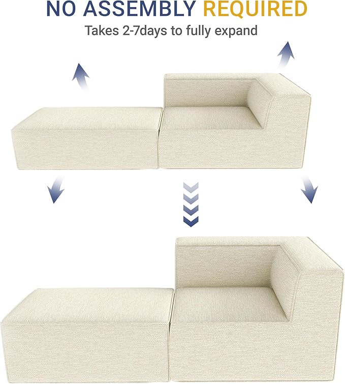 76" Sectional Compressed Sofa Modular Couches,High-Density Foam No Assembly Required, 2-Piece(1x Corner 1x Ottoman) for Living Room, Chenille Beige White