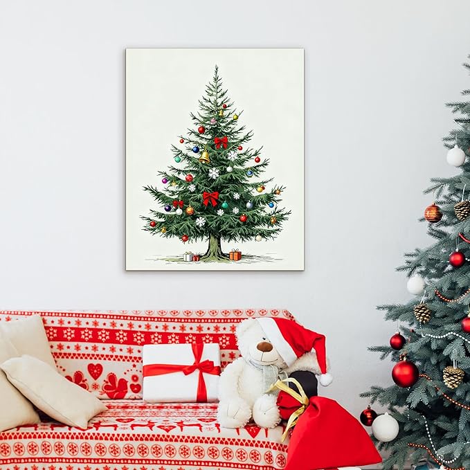 Framed Christmas Pictures Wall Decor,Vintage Pine Tree Prints,Winter Christmas Canvas Wall Art Decoration for Bedroom Bathroom Living Room Rustic Xmas Holiday Gifts (Christmas Tree 8, 16'' X 20'')