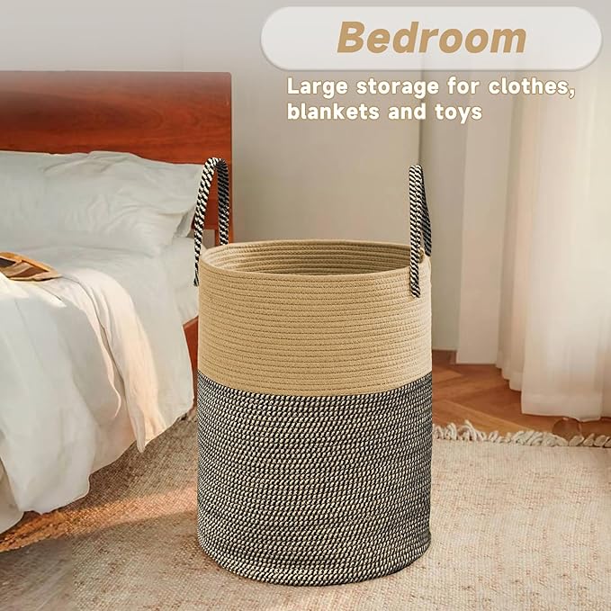 Large Woven Laundry Basket Hamper,60L Cotton Rope Storage Bin for Blankets,Toys and Clothes,Decorative Tall Nursery Hamper for Living Room,Baby Nursery,Bathroom and Bedroom,Brown and Black