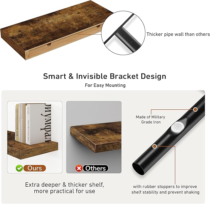 Deep Floating Shelves - 16" W x 9.3" D x 1.6" H Rustic Brown Wall Shelf - Wall Mounted Shelves for Decor & Storage - Wooden Shelves with Invisible Brackets for Living Room, Kitchen - Set of 2