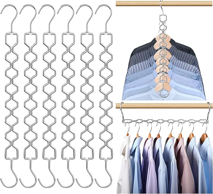 6 Pack Space Saving Hangers for Clothes, Heavy Duty 30Lbs Capacity Magic Clothes Space Saver Sturdy Metal Hanger Organizer with 360° Swivel Hook, Closet Organizers Storage Dorm Essentials Silver