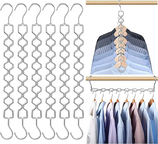 6 Pack Space Saving Hangers for Clothes, Heavy Duty 30Lbs Capacity Magic Clothes Space Saver Sturdy Metal Hanger Organizer with 360° Swivel Hook, Closet Organizers Storage Dorm Essentials Silver