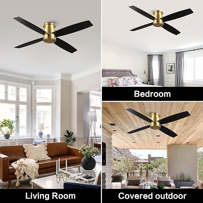 WINGBO 44" Flush Mount DC Ceiling Fan without Lights, 4 Reversible Plywood Blades, Quiet 6-Speed DC Motor, Hugger Low Profile Ceiling Fan No Lights for Bedroom, Brass Finish and Black/White Blades