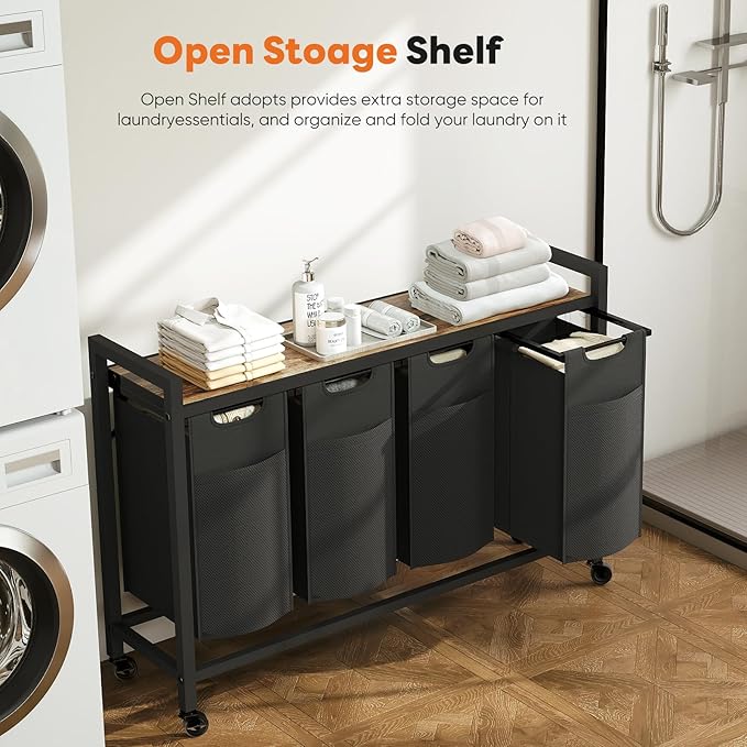 Sweetcrispy Laundry Hamper with 4 Pull-Out Removable Sorter Bags, Movable Wheels, Freestanding Clothes Basket Organizer in Bathroom, 4 × 10.6Gal (160L) Capacity, Rustic Brown and Black