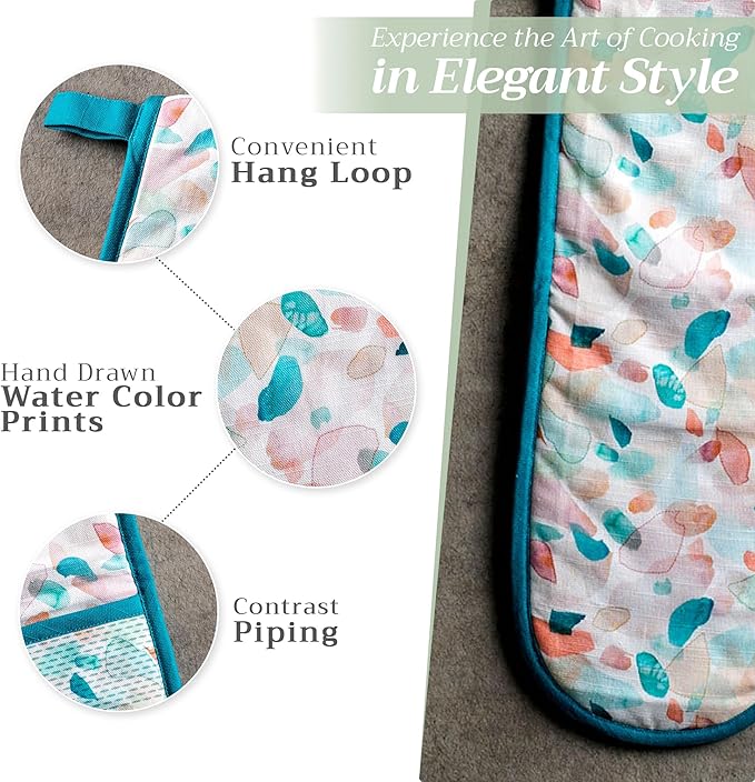 Maison d' Hermine Double Oven Mitts 100% Cotton 7"x35" Double Oven Mitt Heat Resistant BBQ Cooking Gloves with Loop, Baking, Grilling, Home, Kitchen, Handling Hot Pans Spring Summer (Summer Picnic)