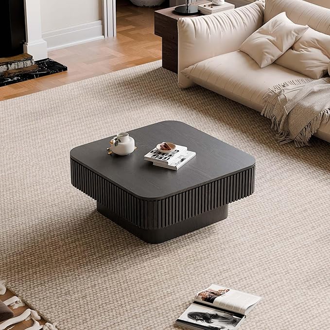 31.5'' Small Square Coffee Table with Storage, Fluted Coffee Table with Solid Wood Veneered, Mid Century Modern Wooden Center Table, Accent Tea Table for Small Space Living Room Apartment, Black
