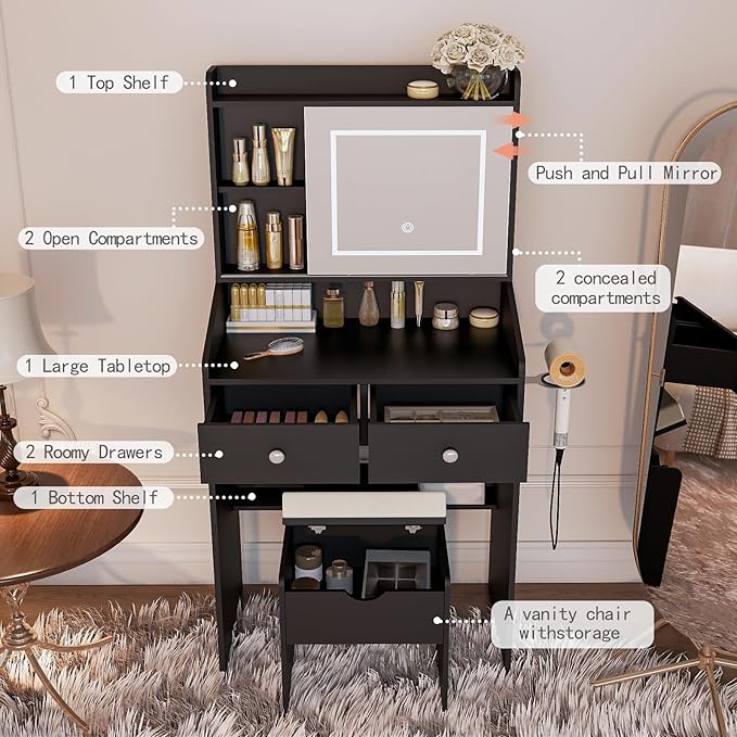 Vanity, Small Vanity Desk with Sliding Mirror, Dimmable LED Lights, 2 Drawers,Vanity Table Ideal for Bedroom (Black)