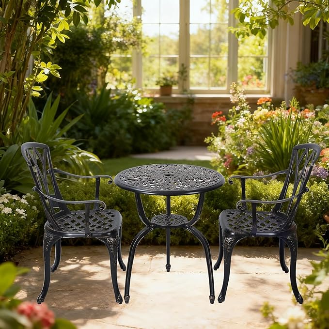 3-Piece Cast Aluminum Patio Bistro Set, Outdoor Rust-Resistant Furniture with 2 Chairs and Table (Bronze)