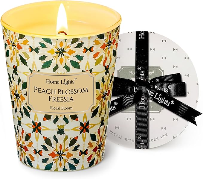 HomeLights Scented Candles for Women & Men, 6.7oz Candle Jars Aromatherapy Single Wick Candle, Ideal for Bohemian Natural Textures Home Decor and Gifts, Peach Blossom Freesia