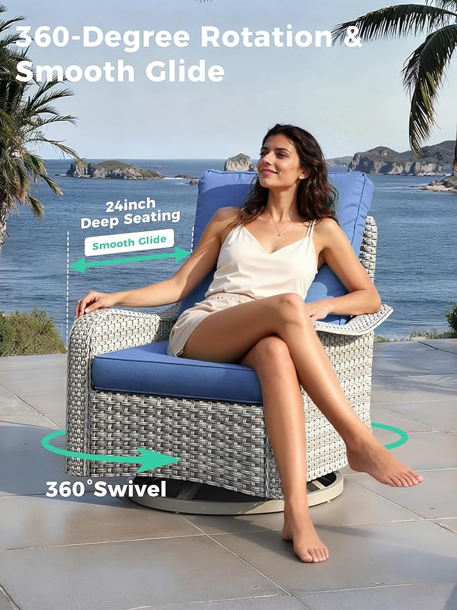 6 Piece Outdoor Wicker Patio Furniture Set,High Back Swivel Rocker Patio Chairs with 4" Thickened Cushions & Side Table, All-Weather PE Rattan for Garden, Backyard, Porch, Blue