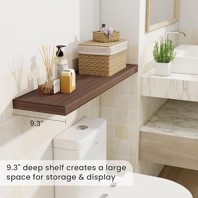 Fun Memories 36 Inch Floating Shelves, 9.3 Inch Deep Rustic Wall Shelves - Extra Deeper Wall Mounted Storage Shelves for Bathroom, Kitchen, Living Room (Walnut, Set of 2)