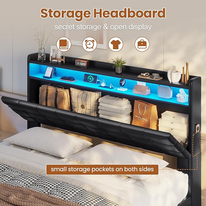 ADORNEVE Lift Up Storage Queen Bed Frame with Type-C Charging Station& Hidden Storage Headboard, LED Lights Upholstered Platform Bed,Queen Bed with Hydraulic, No Box Spring Needed,Black