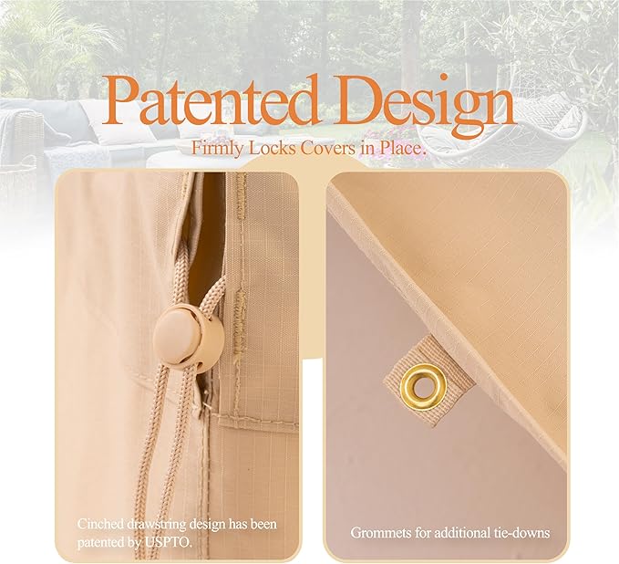 WJ-X3 Rectangular Beige Patio Table Cover, 102W x 78D x 31H Inches - Heavy Duty, Waterproof, Wind-Resistant, Anti-Fade - Ideal for Outdoor Dining Set Protection