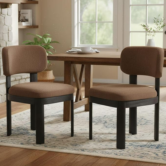 Modern Brown Upholstered Dining Chairs Set of 2 Wooden Side Chairs with Curved Backrest and Black Legs for Kitchen Island, Dining Room