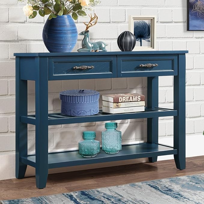 KEIKI 42”L Pine Solid Wood Entryway Console Table with 2 Storage Drawers, Mid-Century Retro Behind Couch Sofa Table with 2 Tiers Open Shelf for Hallway, Entrance, Entry Way, Living Room, Foyer