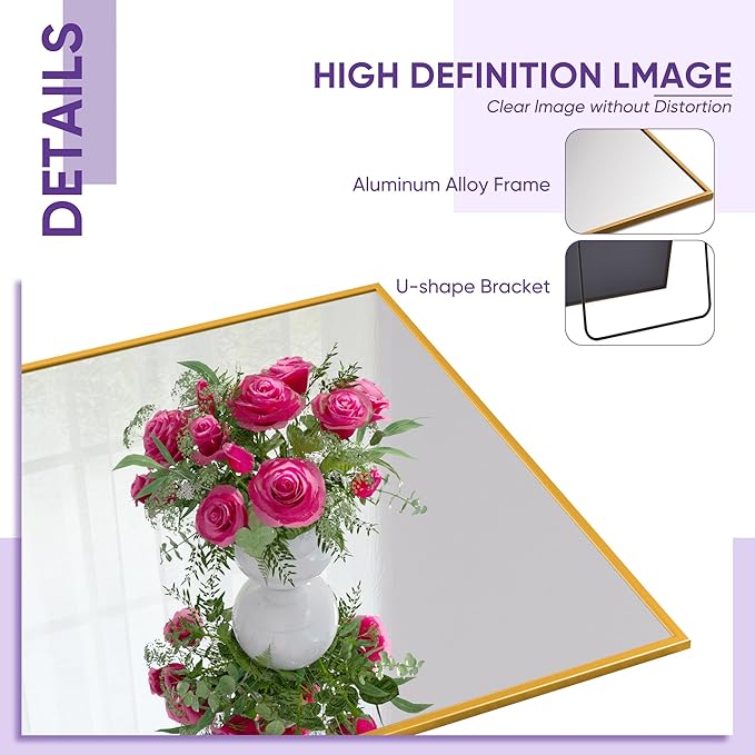 Full Length Mirror, 72"x44" Floor Mirror Freestanding, Oversized Floor Standing Full Body Mirror with Stand for Bedroom, Hanging Mounted for Living Room Cloakroom, Gold, Rect