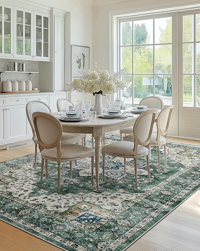 AMADA HOMEFURNISHING 6x9 Area Rug, Washable Low-Profile Large Area Rug with Non-Slip Backing & Durable Edge Binding, Vintage Large Rugs for Living Room, Bedroom