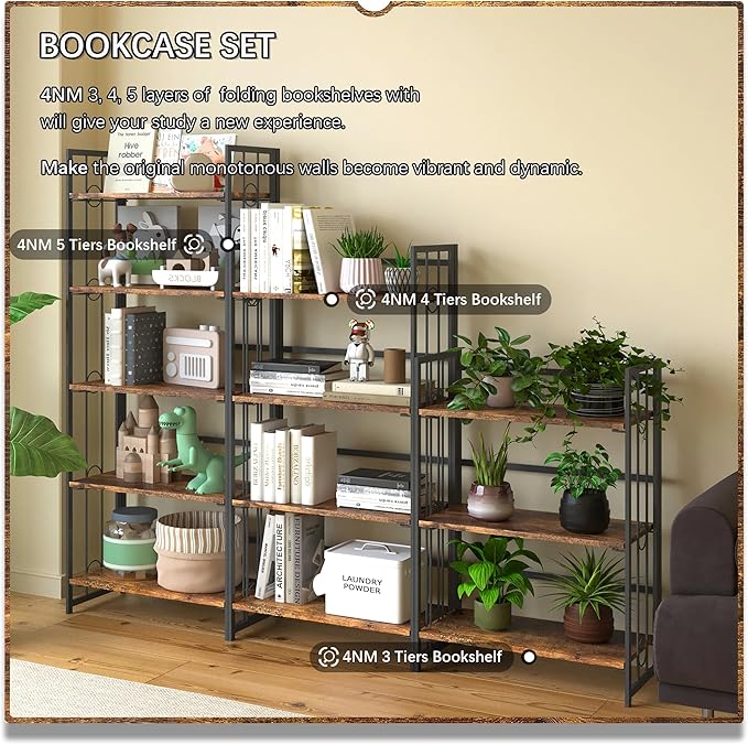 4NM No Assembly 3 Tiers Folding Bookshelf, 35" H Foldable Storage Shelves Vintage Bookcase Standing Racks Study Organizer Home Office - Rustic Brown Black