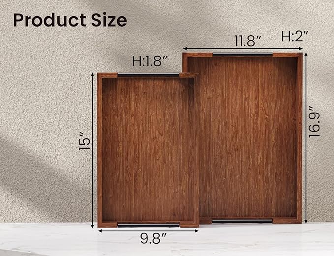 Bamboo Set of 2 Serving Tray with Metal Handles,Ottoman Decorative Trays Platter for Coffee Table,Living Room,Bar,Party(Brown)