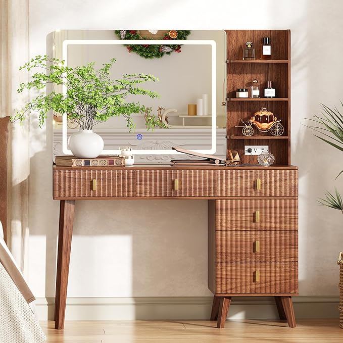 Large Makeup Vanity Desk with Mirror and Lights, Vanity Desk with 6 Drawers & Storage Shelves, Vanity Table with Power Outlet, 3 Color Modes & Adjustable Brightness Dressing Table, Bedroom,Walnut1