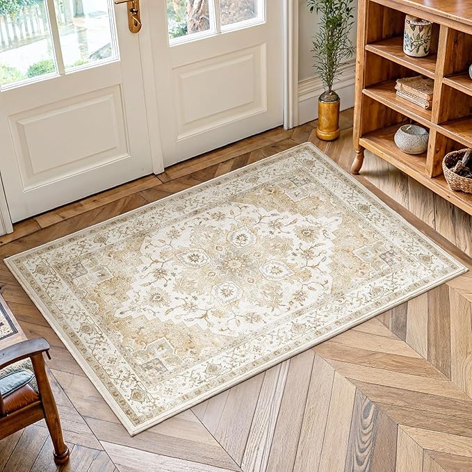 AMADA HOMEFURNISHING 2x4 Washable Area Rug, Low-Profile Entryway Rug with Non-Slip Backing & Durable Edge Binding, Vintage Rug Pattern, Small Rugs for Entryway, Kitchen & Living Room