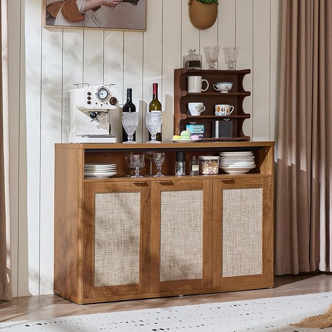 LEYAOYAO Rattan Sideboard Buffet Cabinet,45" Coffee Bar Cabinet with 3 Doors & Open Storage Shelf,Modern Credenza Console Table for Living Room Rattan Farmhouse entryway Brown
