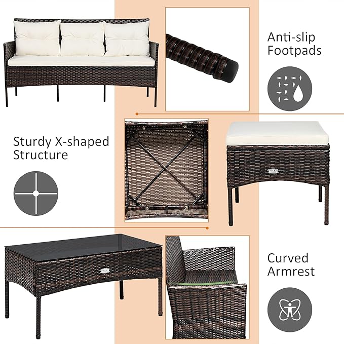 Tangkula 3 Pieces Patio Conversation Set, Outdoor PE Rattan Wicker Furniture Set W/Cozy Cushions, All Weather Sectional Sofa Set W/Tempered Glass Coffee Table for Poolside, Backyard, Garden