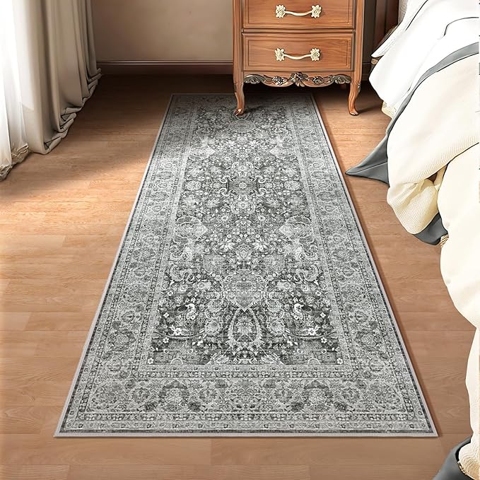 Washable Non-Slip Cream Rug - 3x8 Kitchen Runner with Non-Shedding, Boho Distressed Carpet for Hallways & Bedroom Vintage Grey