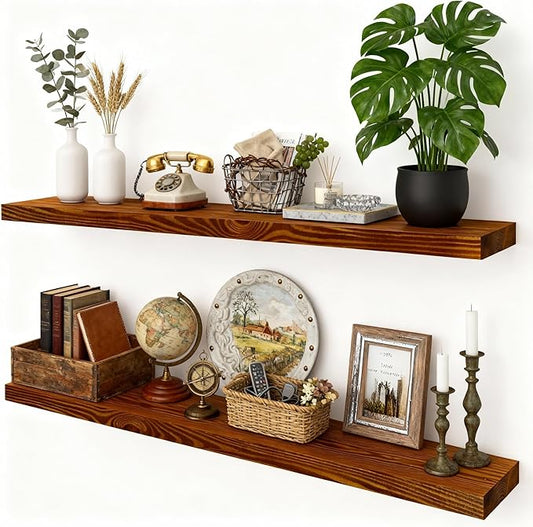 foxsky 48 Inch Solid Pine Wood Floating Shelves for Wall with Hidden Brackets, Rustic Farmhouse Wall Mounted Shelf for Bathroom, Living Room, Bedroom, Kitchen, Office Decor (Honey Oak)