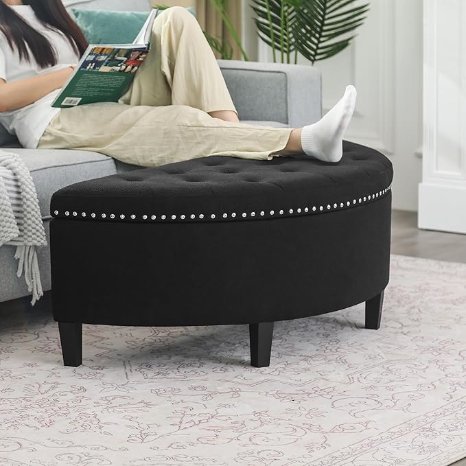 Homebeez 43" Half Moon Storage Ottoman Bench, Grainy Linen Fabric End of Bed Storage Chest with Nailhead Trim for Entryway Living Room,Dark Black