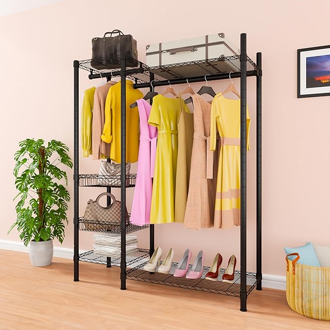 Xiofio 6 Tiers Heavy Duty Clothes Rack,Metal Clothing Rack, Adjustable Clothing Rack with Hanging Rod and Wire Fixing Baskets,Max Load 600LBS,Black