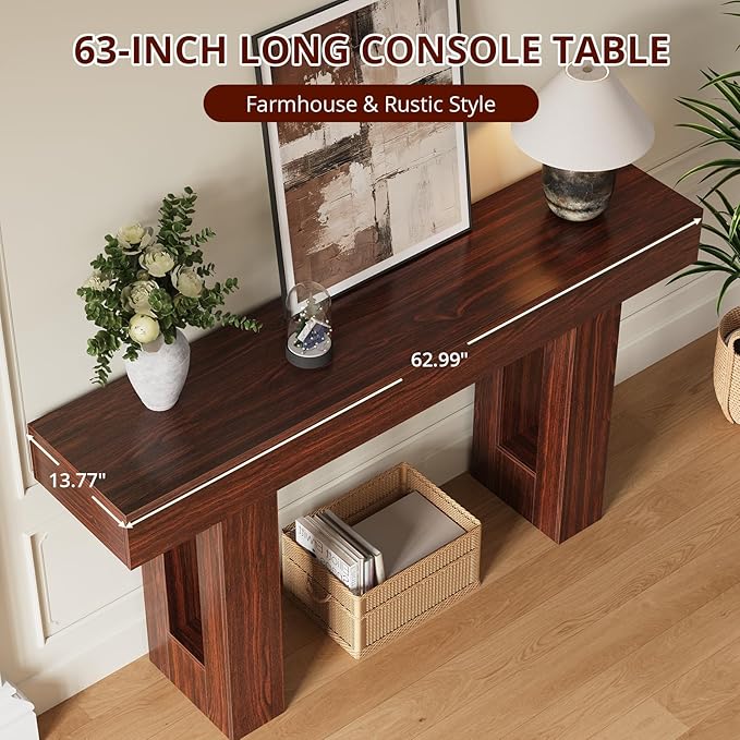 FURSUN 63-Inch Long Console Table with Storage, Wooden Narrow Sofa Table Behind Couch, Farmhouse Foyer Hallway Table for Living Room, Entrance (Dark Walnut)