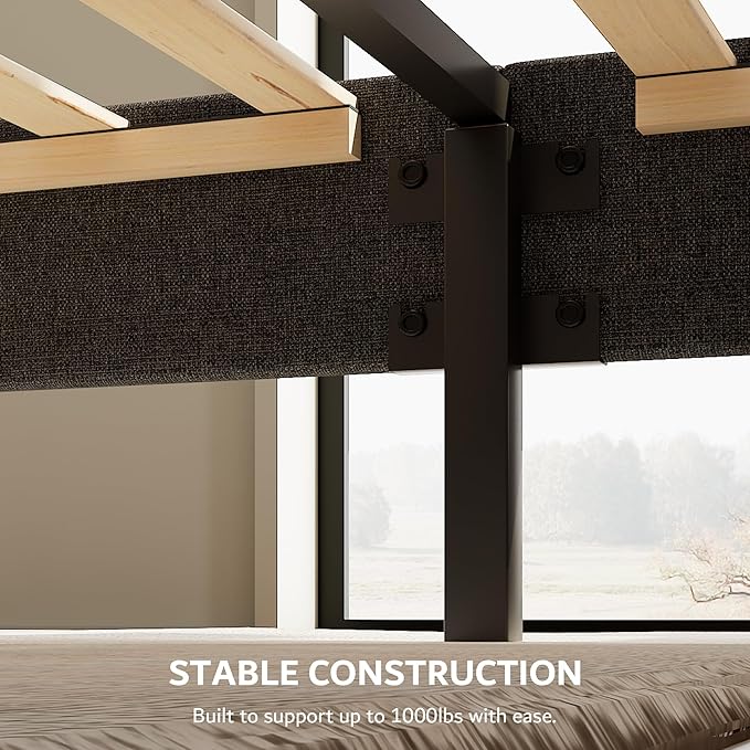 iPormis Twin Size Bed Frame with Charging Station, Linen Platform Bed Frame with Wingback Upholstered Headboard, Solid Wood Slats Support, No Box Spring Needed, Easy Assembly, Dark Grey