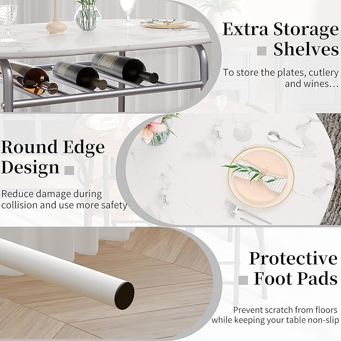 VECELO 3-Piece Dining Table Set for Kitchen Breakfast Nook, Faux Marbled Oval Tabletop and Metal Frame with Built-in Wine Rack, for Small Spaces, White & Silver