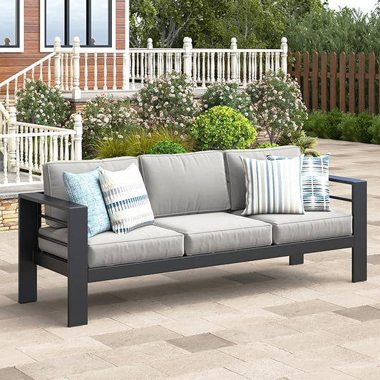 Wisteria Lane Patio Furniture Metal Sofa, Metal Outdoor Chairs with Upgraded Cushions, All-Weather Outdoor 3 Seats Sofa Couch for Balcony, Garden, Deck, Backyard, Light Grey