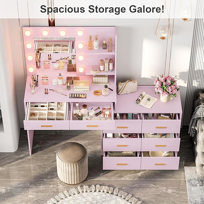 61" Vanity Desk with Mirror & Lights, White Makeup Dressing Table with 8 Drawers & 2 Shelves, 3 Lighting Modes with Adjustable Brightness for Bedroom, Pink